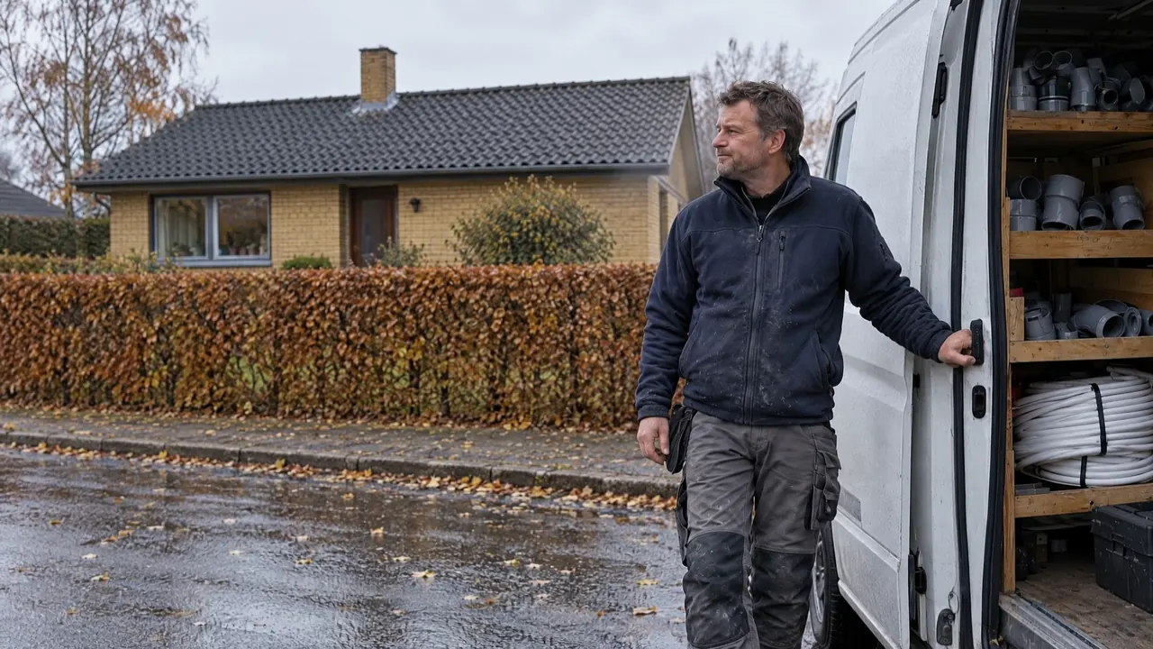 En VVS-mester står ved sin varevogn på en villavej en efterårsmorgen