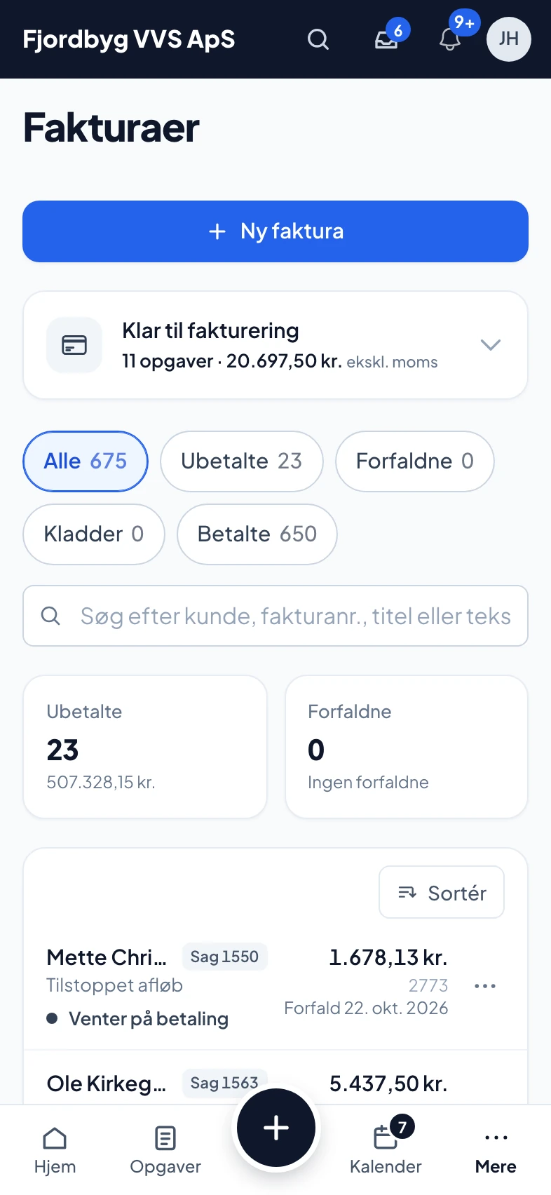 Fakturaer i appen med status for betaling