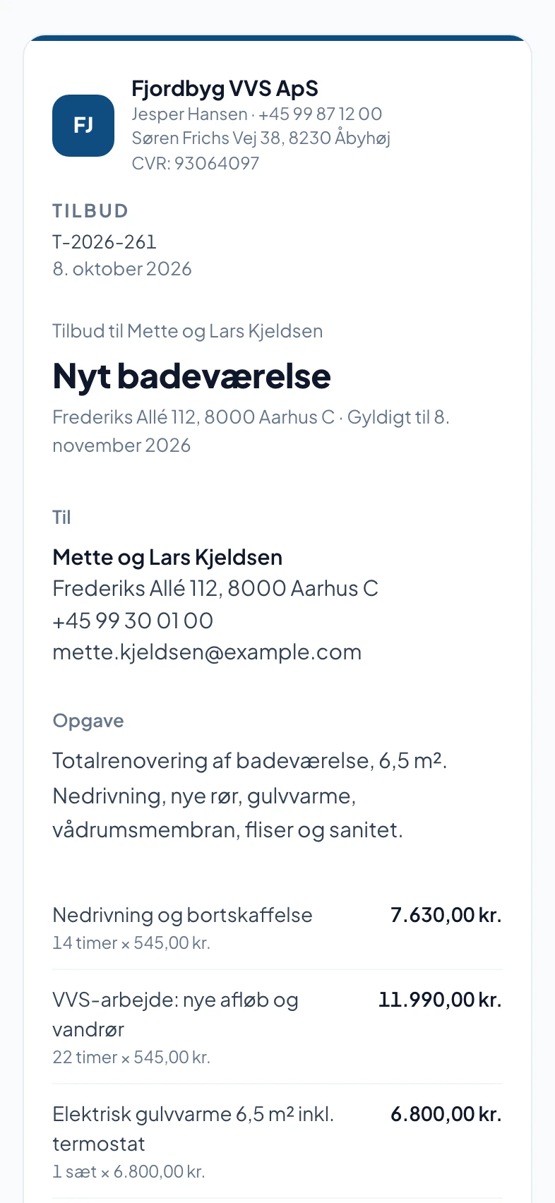Tilbuddet som kunden ser det på mobilen, med linjer og priser